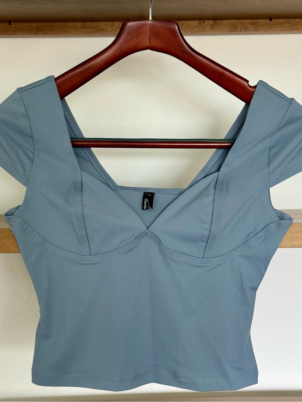 Sage Blue Short Sleeve Crop Top with Square Neck